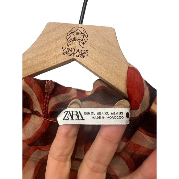 Zara Groovy Retro Orange Geometric Printed Organza Long Sleeve Mini Dress XL - Picture 6 of 13